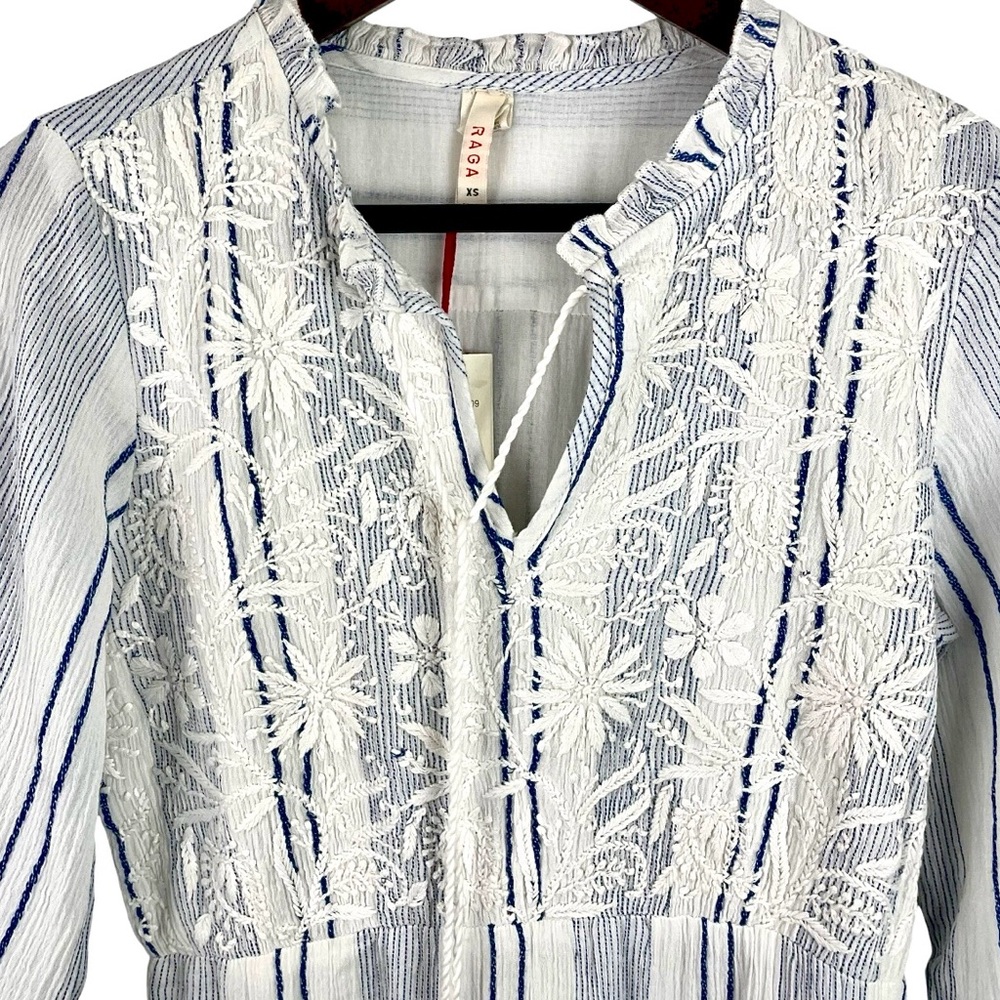 NWT RAGA Fleri White and Blue Striped Floral Embroidered Tie  Long Sleeve Dress - Picture 10 of 13